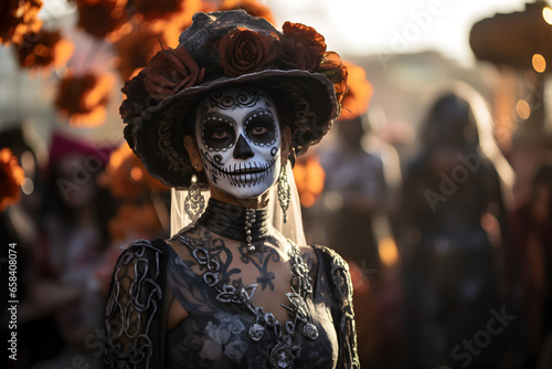 Beautiful closeup portrait of young woman in traditional Calavera Catrina outfit and makeup for the Day of the Dead at the national Mexican festival.