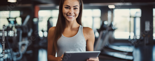 Positive pretty girl with an athletic figure holding tablet computer. Healthy lifestyle and fitness concept. Copy space	 photo