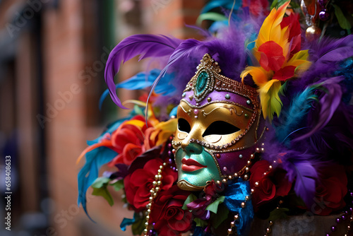 Colorful traditional venetian carnival mask with decoration for national Venice festival in Italy.