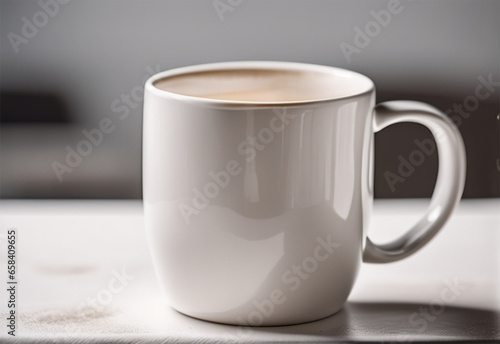 Close-up mug on white table with blurred background.