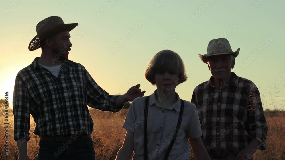 Horizontal shot. Two farmers walking at wheat field during sunset. Father, grandfather and grandson talking in evening at field. Happy boy running with wheat in mouth. Agriculture family business. Horizontal shot. Two farmers walking at wheat field during sunset. Father, grandfather and grandson talking in evening at field. Happy boy running with wheat in mouth. Agriculture family business.