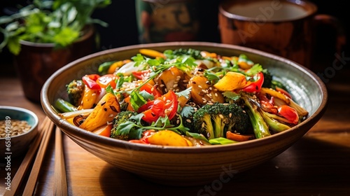 A bowl of a vegetable stir-fry on a wooden table.