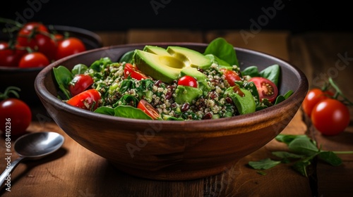 A bowl of quinoa salad with avocado, tomatoes, and leafy greens.