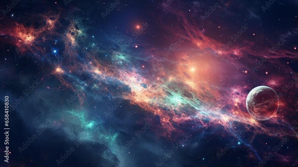 Colourful space starfield nebula and planet - obrazy, fototapety, plakaty 