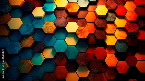 Colorful hexagonal 3d shape texture background. blue, orange and yellow color palette photo