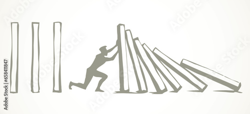 A man stops falling dominoes. Vector drawing