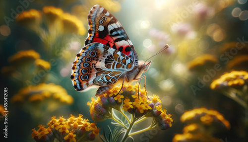 Zerynthia rumina butterfly, its wings displaying a myriad of colors, as it delicately perches on a bright yellow flower.  photo