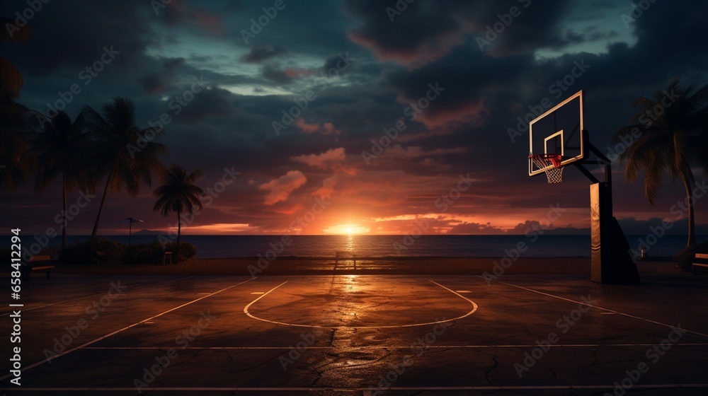 A view of a basketball court during sunset, with a basketball placed at the center. - obrazy, fototapety, plakaty 