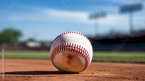 A view of a baseball and glove on a baseball field.