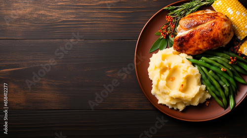 Thanksgiving dinner like roasted turkey mashed potato gravy green bean corn cooking flat lay
