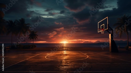 A view of a basketball court during sunset, with a basketball placed at the center.