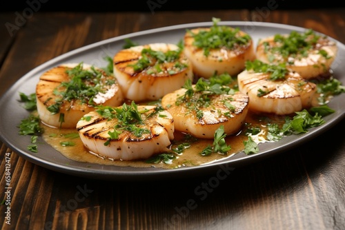 Seared scallops with garlic and parsley on shell. Generative AI