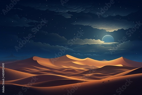 Illustration of sand dunes under a starry night sky. Generative AI