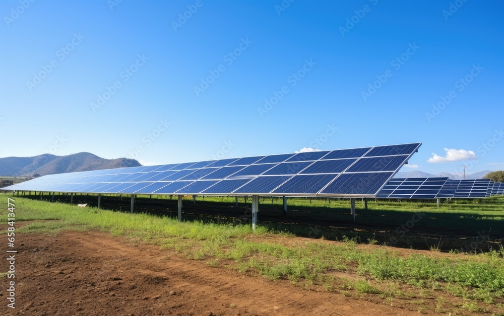 Solar panels capturing sunlight against a clear blue sky