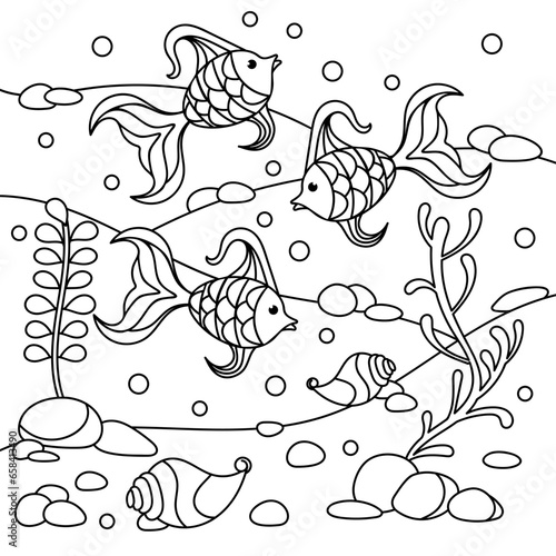 Underwater landscape marine vector motif. Coloring book page. Doodle of the underwater world, sea, ocean, river . Fish, waves and plants. Monochrome Aquariums.