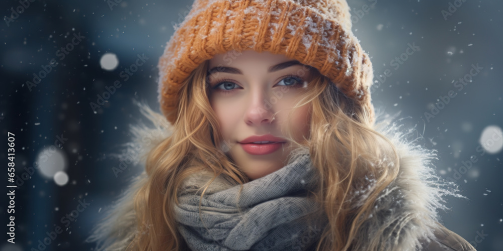 Young woman in warm clothes outside in the snow Young woman in warm clothes outside in the snow