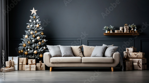 Living room with Christmas tree, gifts, white sofa, and blank dark wall with copy space	