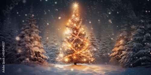 image of a decorated christmastree in the winter forest with candle lights.  © CreativeCreations