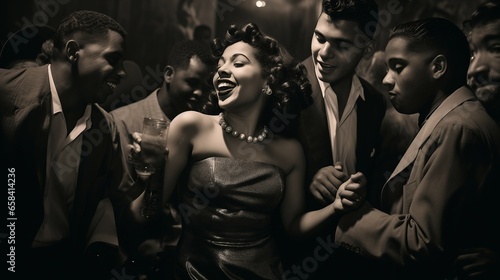 Beautiful woman surrounded by men in 1940s Cuban night club photo