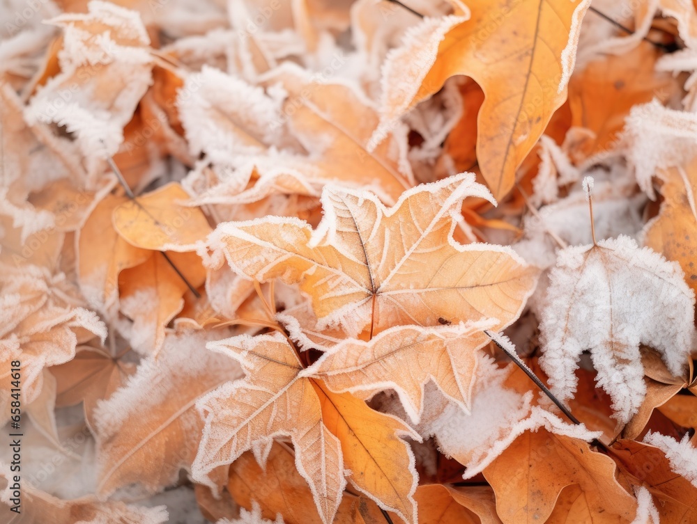 orange autumn leaves on the frosty winter forest ground. orange autumn leaves on the frosty winter forest ground.