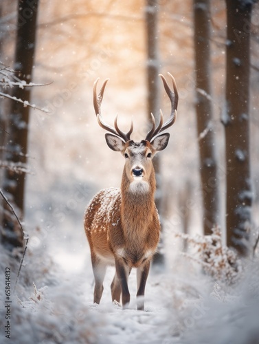 majestic deer in the winter forest with gentle sunlight. 