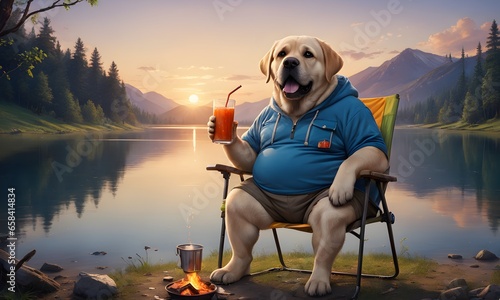 Adorable fat Labrador dog sitting on a camping chair with a glass of soda