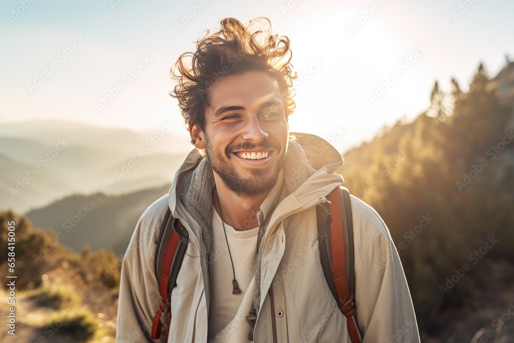 portrait of a young hiker in the mountains. sun in the background. feeling of freedome. portrait of a young hiker in the mountains. sun in the background. feeling of freedome.