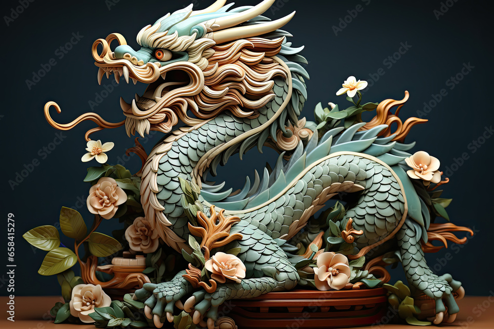 Fototapeta premium Elegant figure of a wriggling dragon with flowers on a podium on a dark background