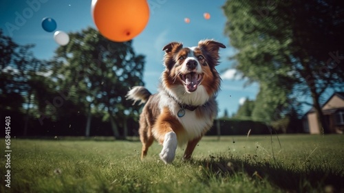 Dog playing with a balloon in the park