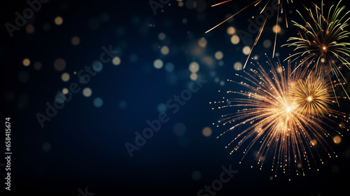 Silvester, New year eve, celebration, fireworks on blue night background with golden shining bokeh photo