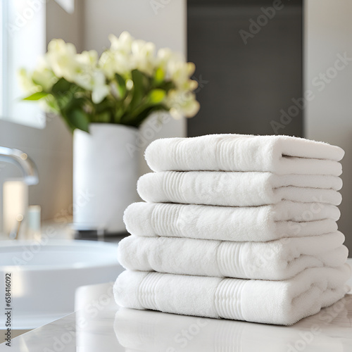 a set of white terry towels on a bathroom.