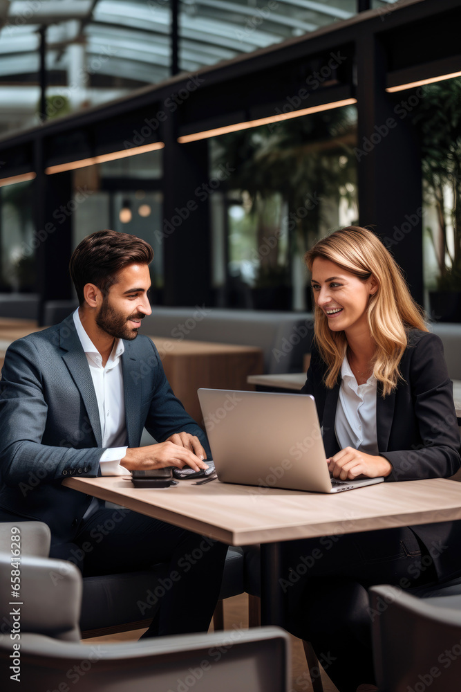 Two people having a business meeting with laptops in front of them Two people having a business meeting with laptops in front of them