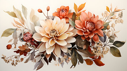 Autumn floral bouquet with dahlia, rose and eucalyptus. Watercolor illustration 

