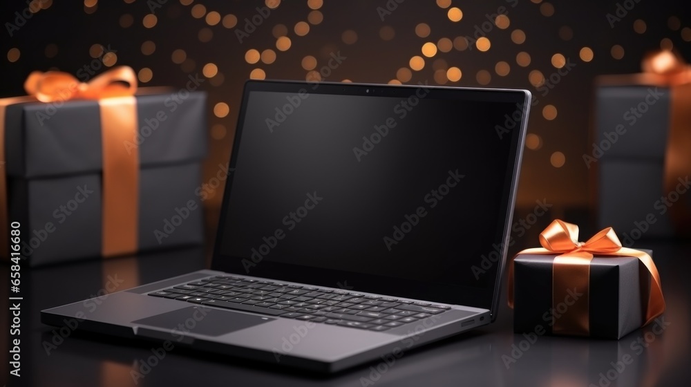 Laptop with blank white screen on a background, gift boxes and christmas decorations. Black Friday shopping sale promotion Laptop with blank white screen on a background, gift boxes and christmas decorations. Black Friday shopping sale promotion