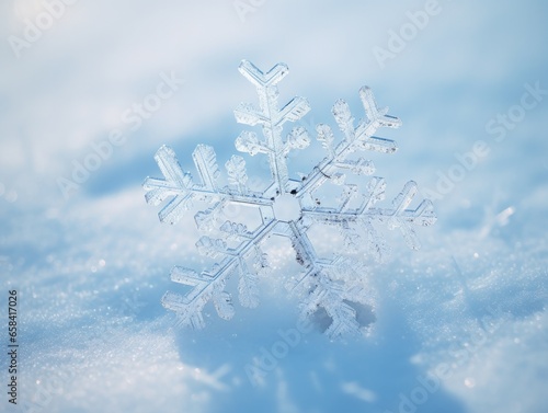 close-up image of a symmetric filigrane snow flake. winter background. 