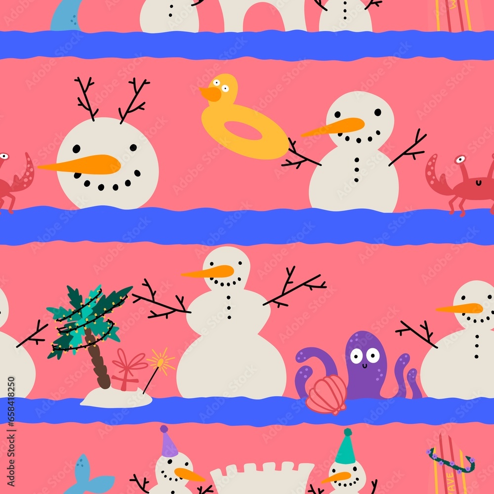 Christmas on the beach seamless snowman pattern for wrapping paper and fabrics and linens and kids clothes print Christmas on the beach seamless snowman pattern for wrapping paper and fabrics and linens and kids clothes print