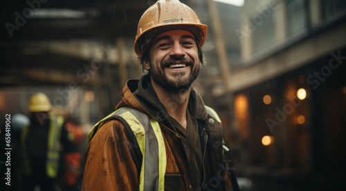 A construction worker in a helmet smiles at the end of the workday on the construction site, Generative AI
