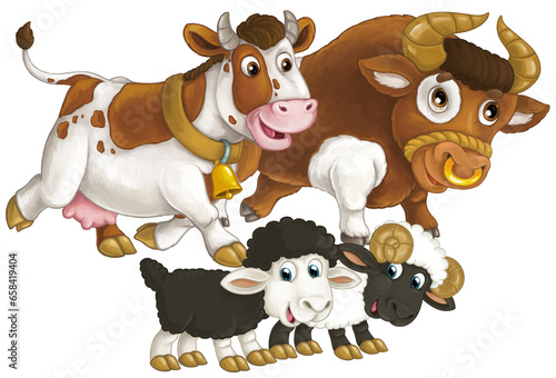 cartoon scene with happy farm animal cow and bul and two sheep having fun together isolated illustration for children