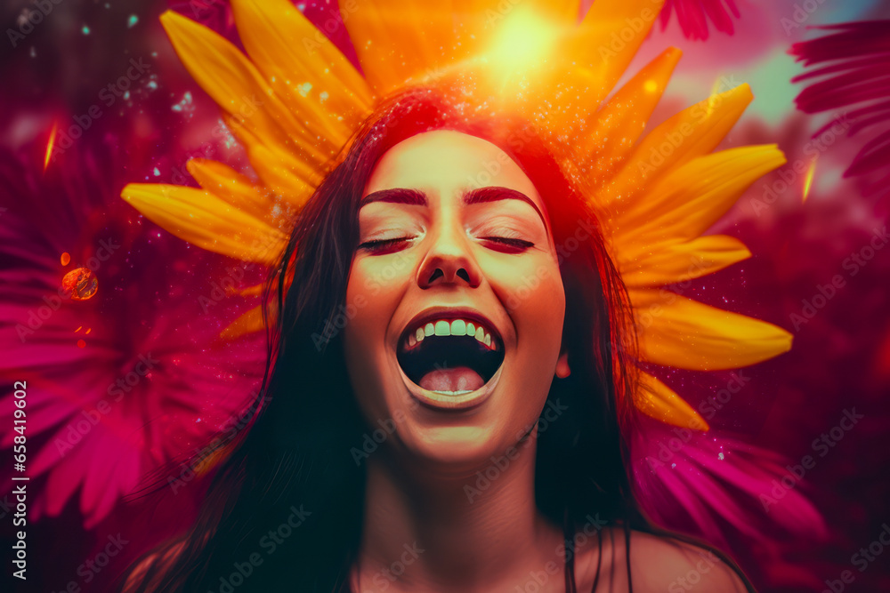 Exuberant woman expressing joy against a backdrop of radiant flower petals.