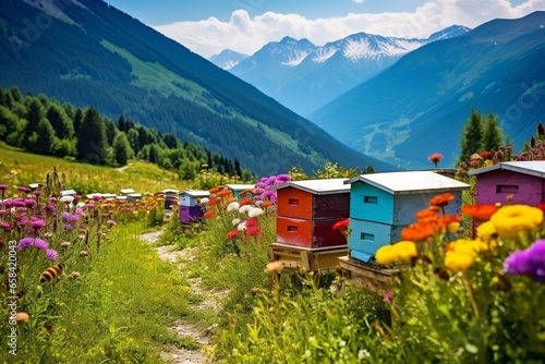 Wooden beehives in the mountainous backdrop of Georgia. Beekeeping in colorful flower meadow. Generative AI
