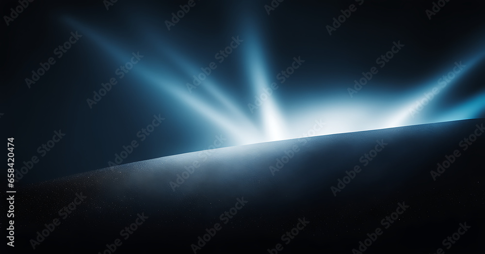 Abstract white, blue, and black gradient blurred on a dark, grainy background with glowing light and large banner
