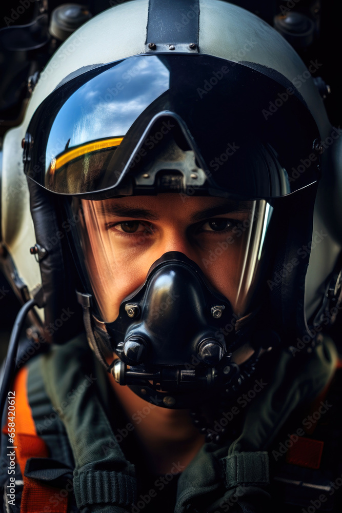 An intense shot of a fighter jet pilot in the cockpit, displaying focus and determination An intense shot of a fighter jet pilot in the cockpit, displaying focus and determination