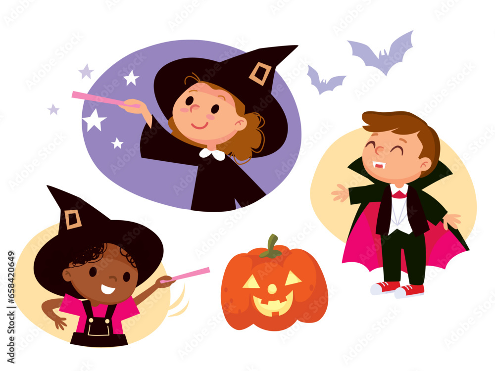 Little funny kids wearing carnival costumes at Halloween party indoors. Halloween party design concept with happy kids celebrating traditional october festival. Young kids party invitation. Little funny kids wearing carnival costumes at Halloween party indoors. Halloween party design concept with happy kids celebrating traditional october festival. Young kids party invitation.