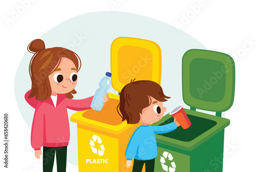 Children, kids sorting waste, throw into the garbage bin. Eco friendly recycling illustration. Set of children doing waste sorting. Environmental protection.