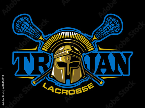 trojan lacrosse  team design with greek helmet and crossed sticks for school, college or league sports