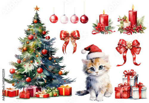 Christmas  watercolor  illustrations set.  Vector illustration of christmas tree, cat with christmas hat, ribbon and candles.