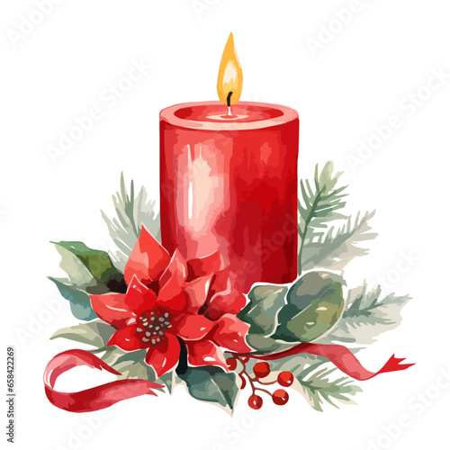 Christmas candle watercolor  illustrations.  Vector Holidays illustration of red Poinsettia candle.