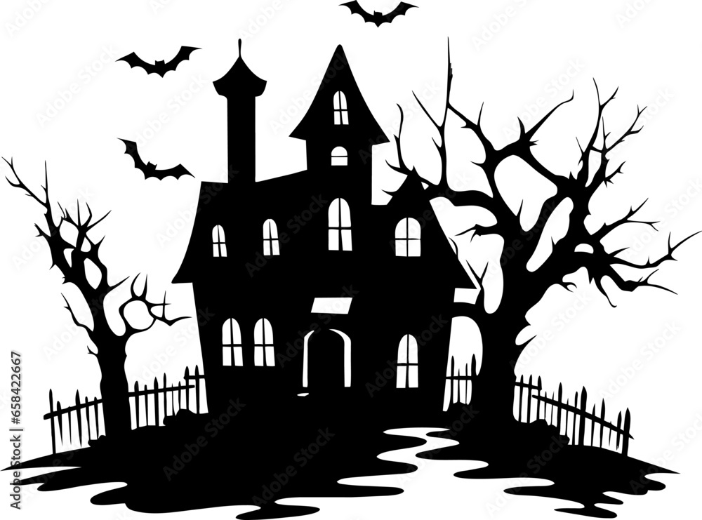 Illustration of silhouette a scary house. Mystical house with monsters and ghost for Halloween. Spooky house. Vector illustration for the store. Tattoo.