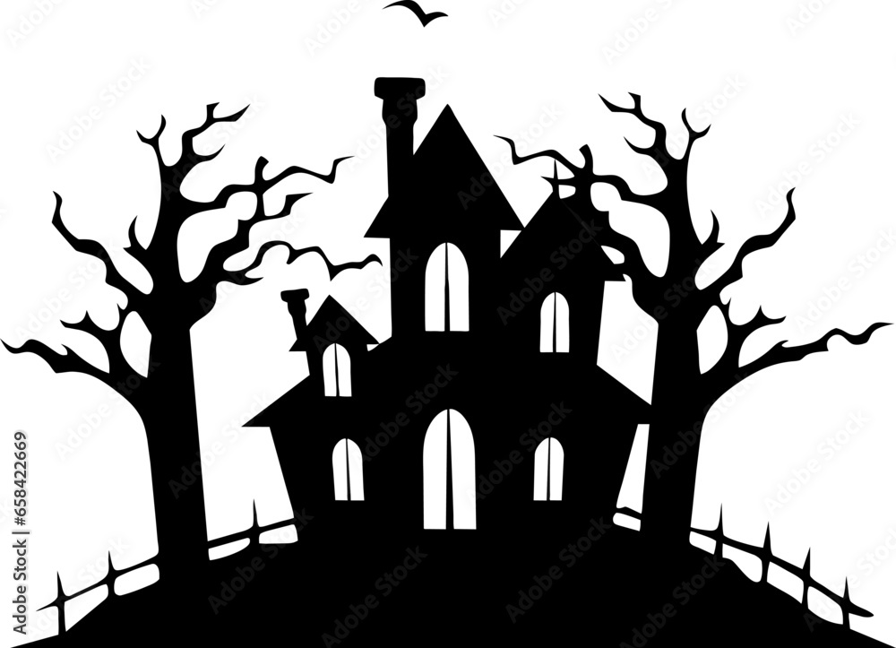 A silhouette haunted Halloween house with spooky trees