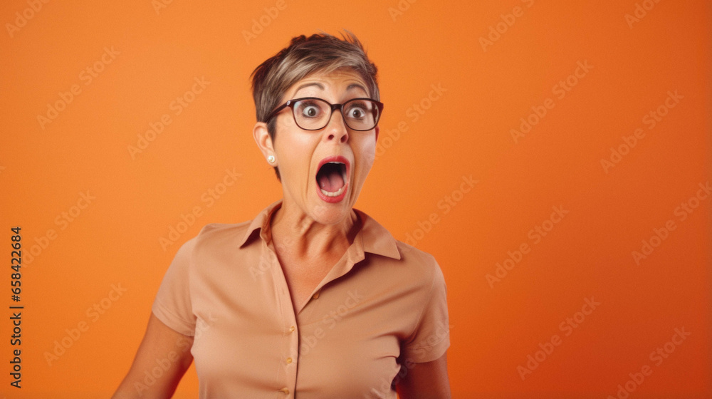 Middle age shocked woman wearing casual t-shirt standing over orange background afraid and surprised with surprise expression, amazed and excited face. Middle age shocked woman wearing casual t-shirt standing over orange background afraid and surprised with surprise expression, amazed and excited face.